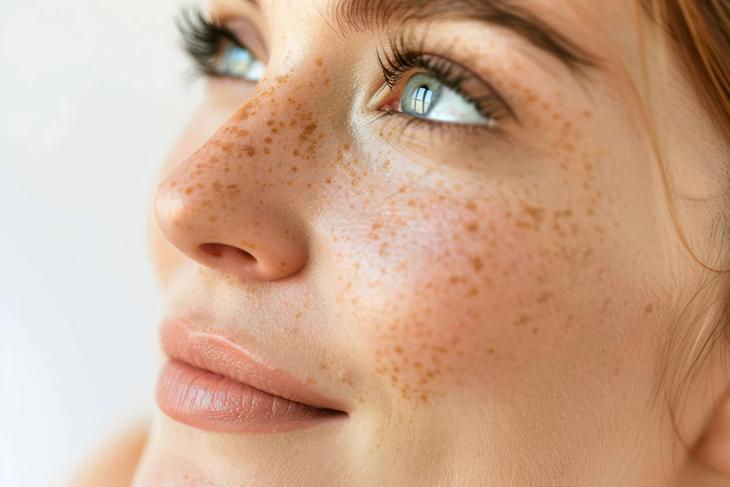 Close-up portrait of a woman with visible freckles and natural skin texture.