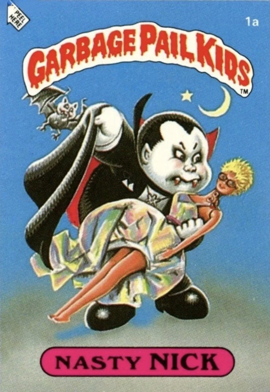 Cover art featuring a cartoon character with pale skin, sharp teeth, and a sinister expression, riding a skateboard with an exaggerated, colorful design. The character holds a small doll with blond hair and glasses. The background has a blue sky with a crescent moon and stars. The top has a title, 'Garbage Pail Kids,' in red letters, and the bottom has a pink label with the text 'Nasty Nick.'