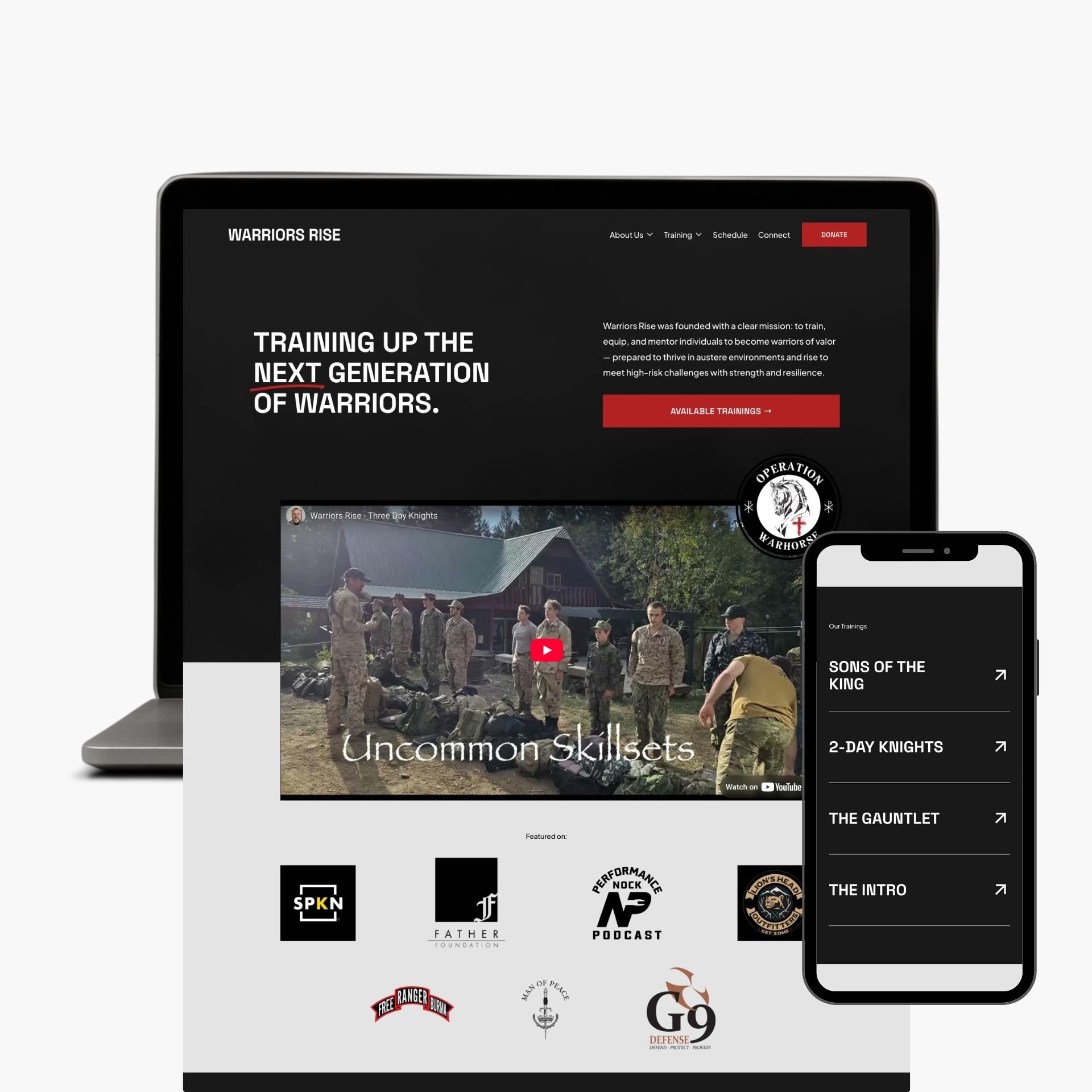 Website homepage for Warriors Rise displayed on a laptop and smartphone. The site features a black background with white and red text, showing a mission statement and training programs for future warriors, with a video thumbnail and sponsor logos beneath.