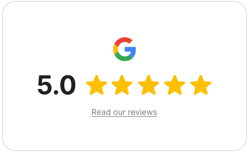 Google logo with a 5-star rating and 5.0 review score, and a 'Read our reviews' link.