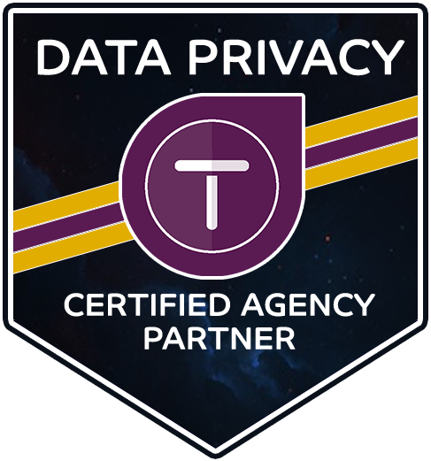 A badge with a dark background, white text that says "Data Privacy Certified Agency Partner," and a central purple logo with a white 'T' inside a circle.