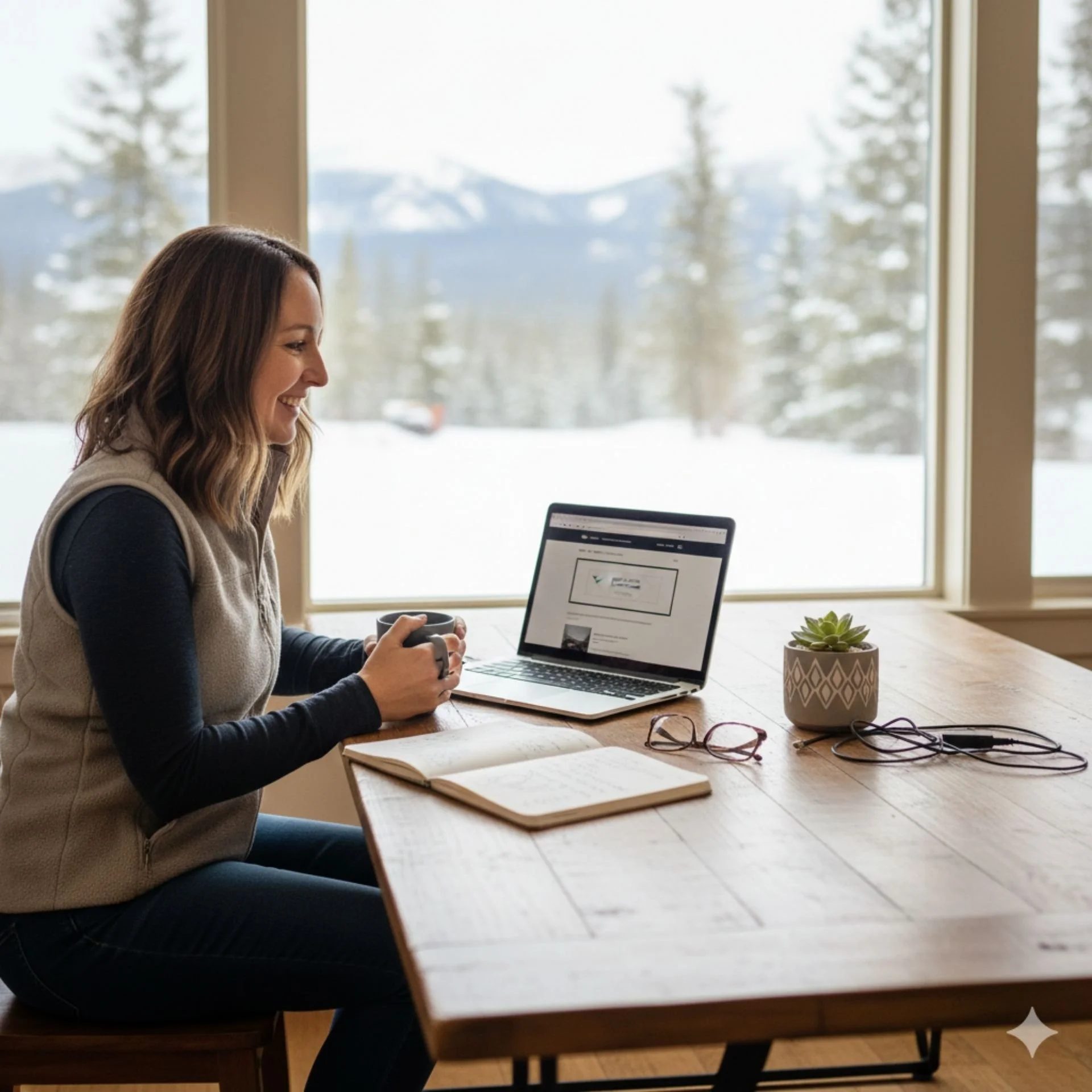 Woman sitting at a wooden table inside, looking at her laptop and holding a mug, with a notebook, glasses, and a potted plant on the table, large window with snowy landscape and mountains in the background