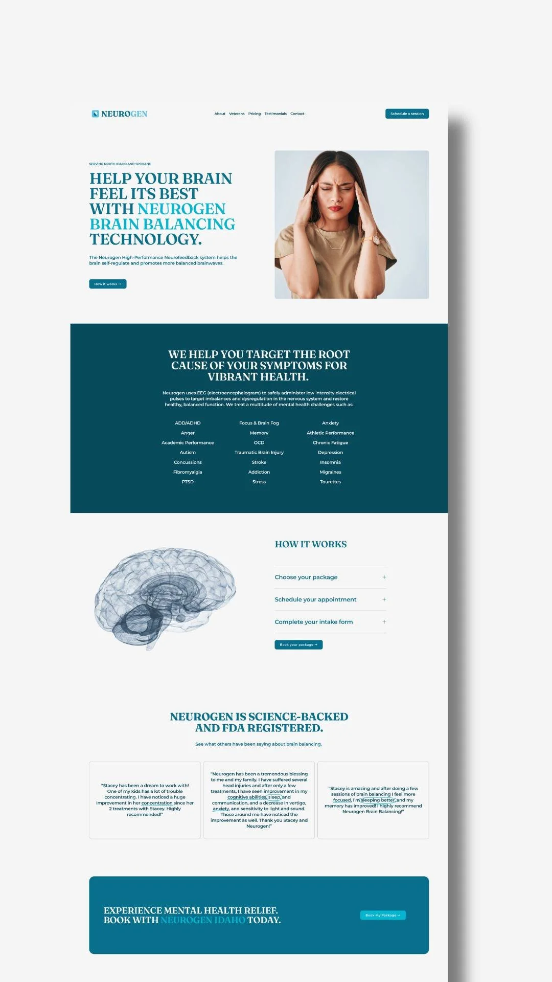 A website homepage for Neurogen, a brain health treatment service. It features a woman holding her head in apparent pain or discomfort, with a headline promoting brain balancing technology. The site contains sections on symptoms, how it works, and patient testimonials, with a call-to-action button for scheduling sessions.