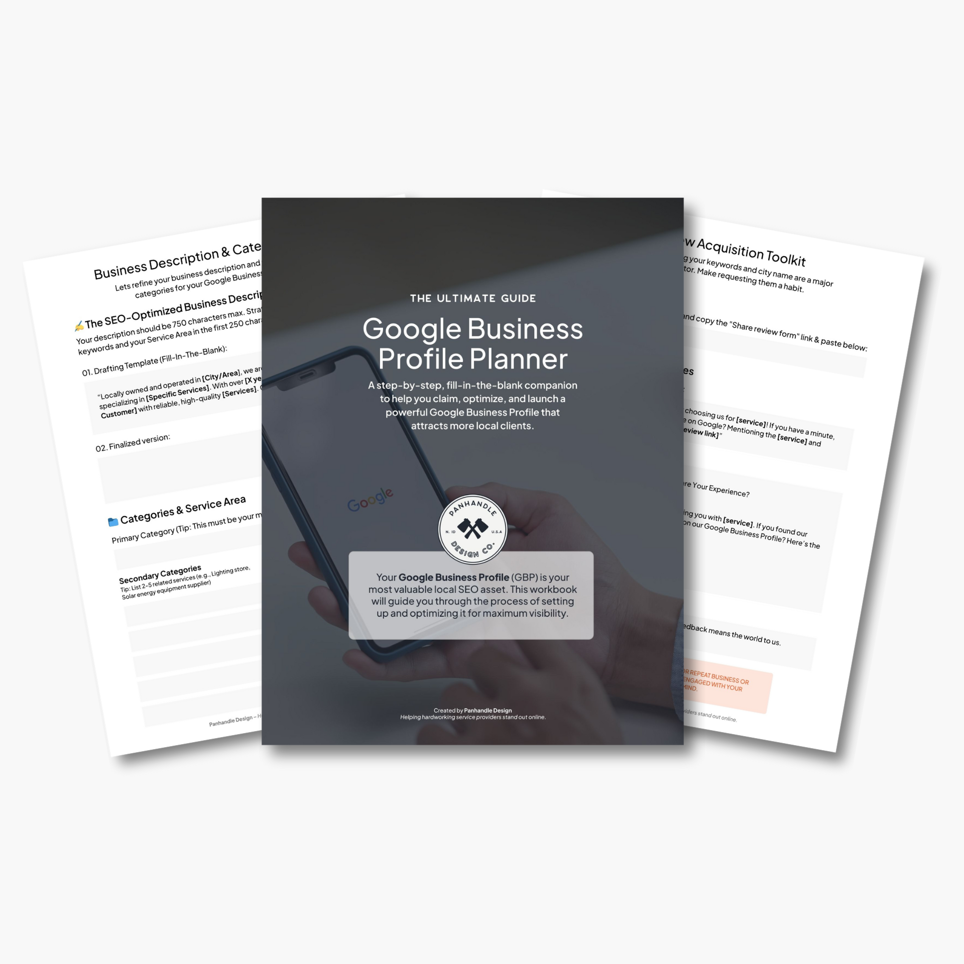 Cover page of a Google Business Profile Planner booklet with a background image of a hand holding a smartphone, and two additional pages partially visible behind it.