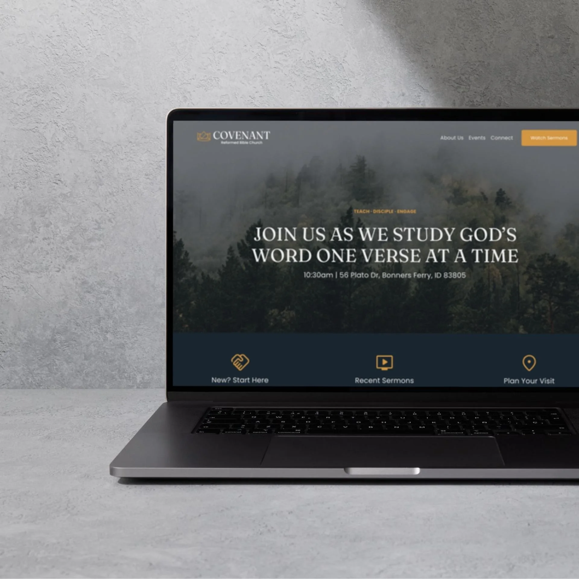 Laptop displaying a church website with a nature background and the text 'Join us as we study God's word one verse at a time'