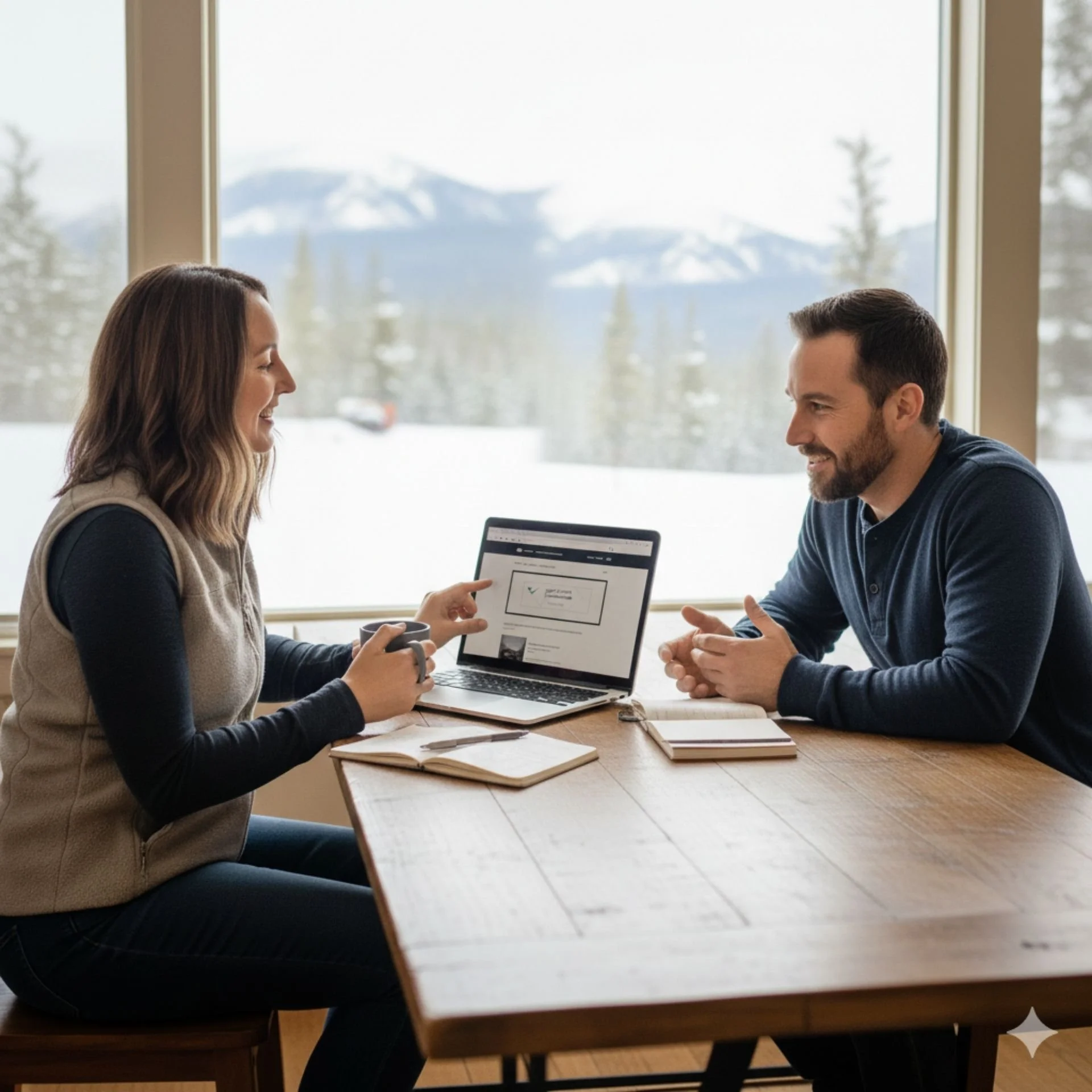 A man and woman sitting at a wooden table in a cozy room with large window, discussing and working on laptops and notebooks, with snowy mountains and trees outside.