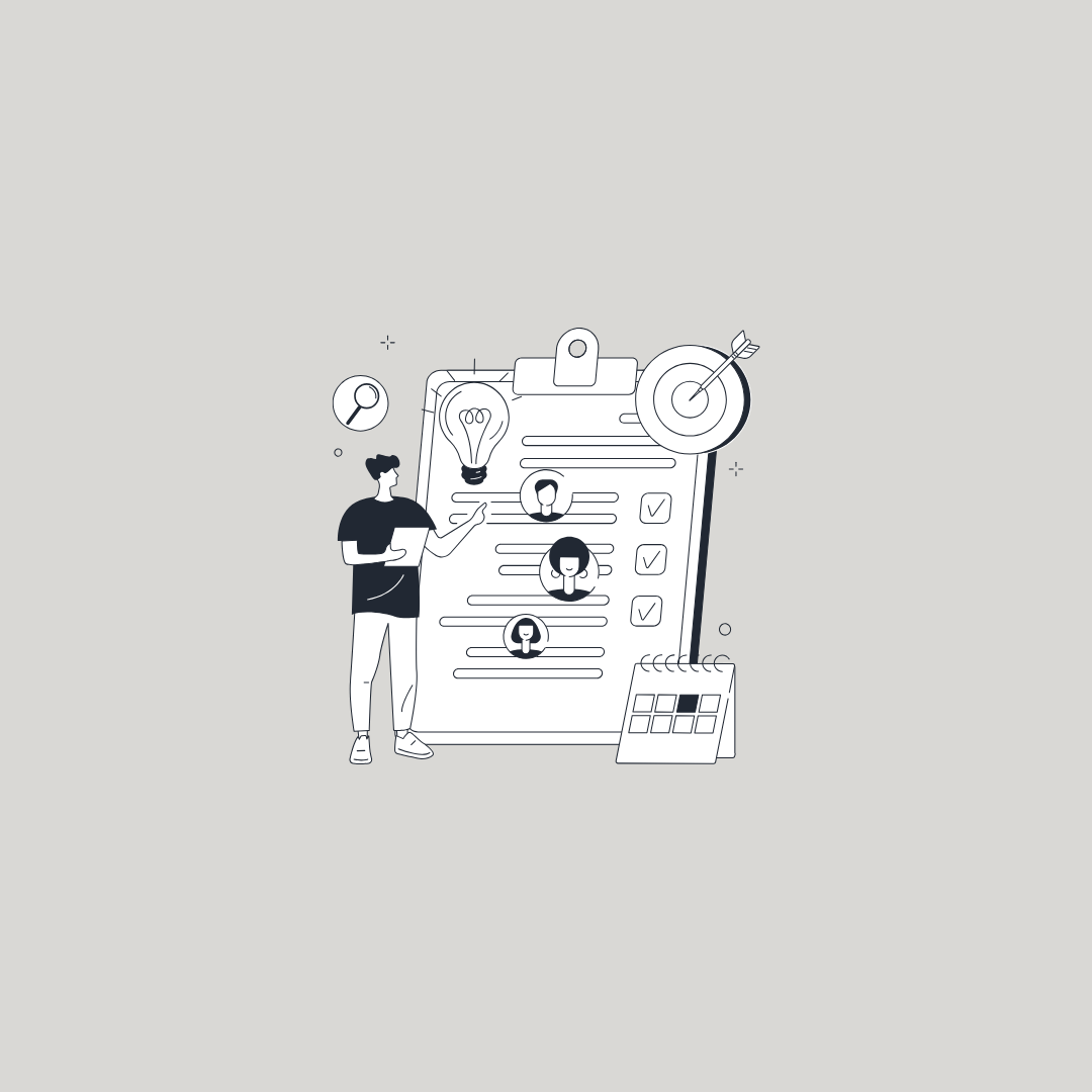Illustration of a person pointing at a large clipboard with checklist and profile icons, with a magnifying glass, lightbulb, target, and calendar around it.