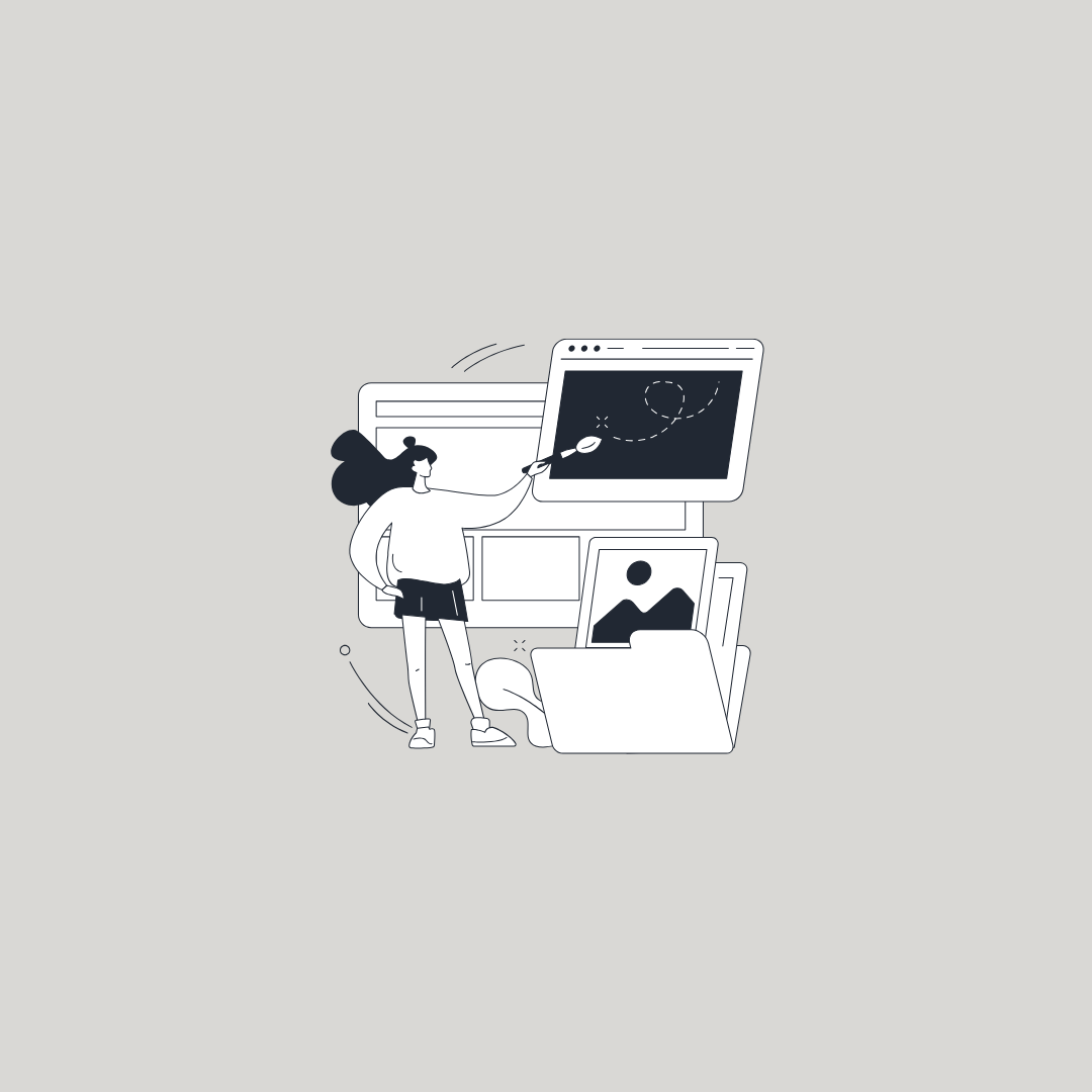 Illustration of a woman standing in front of a desk with a computer screen, holding a paintbrush, drawing on a digital art program, with stacks of photos and documents around her.
