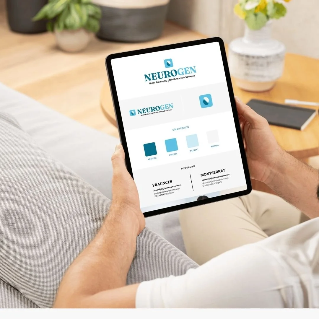 Person sitting on a sofa holding a tablet displaying a brand style guide for 'NEUROGEN' with color palette and typography.