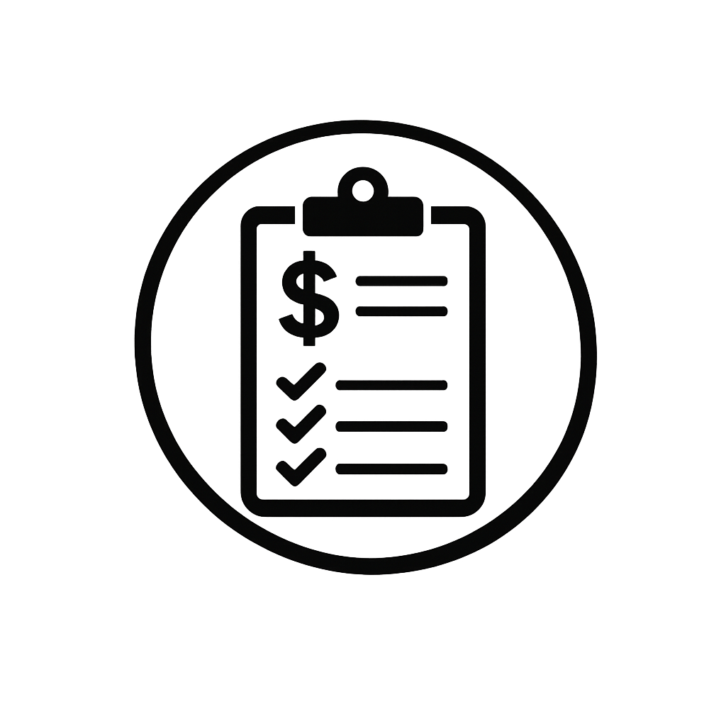 Icon of a clipboard with a dollar sign, checkmarks, and lines, inside a circle.
