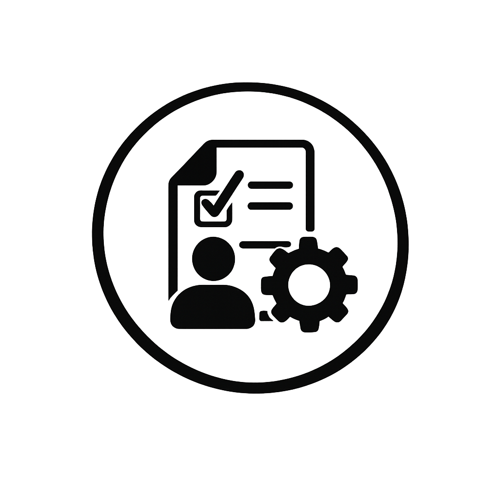 Icon depicting a document with a checkmark, a user silhouette, and a gear, symbolizing settings or management.