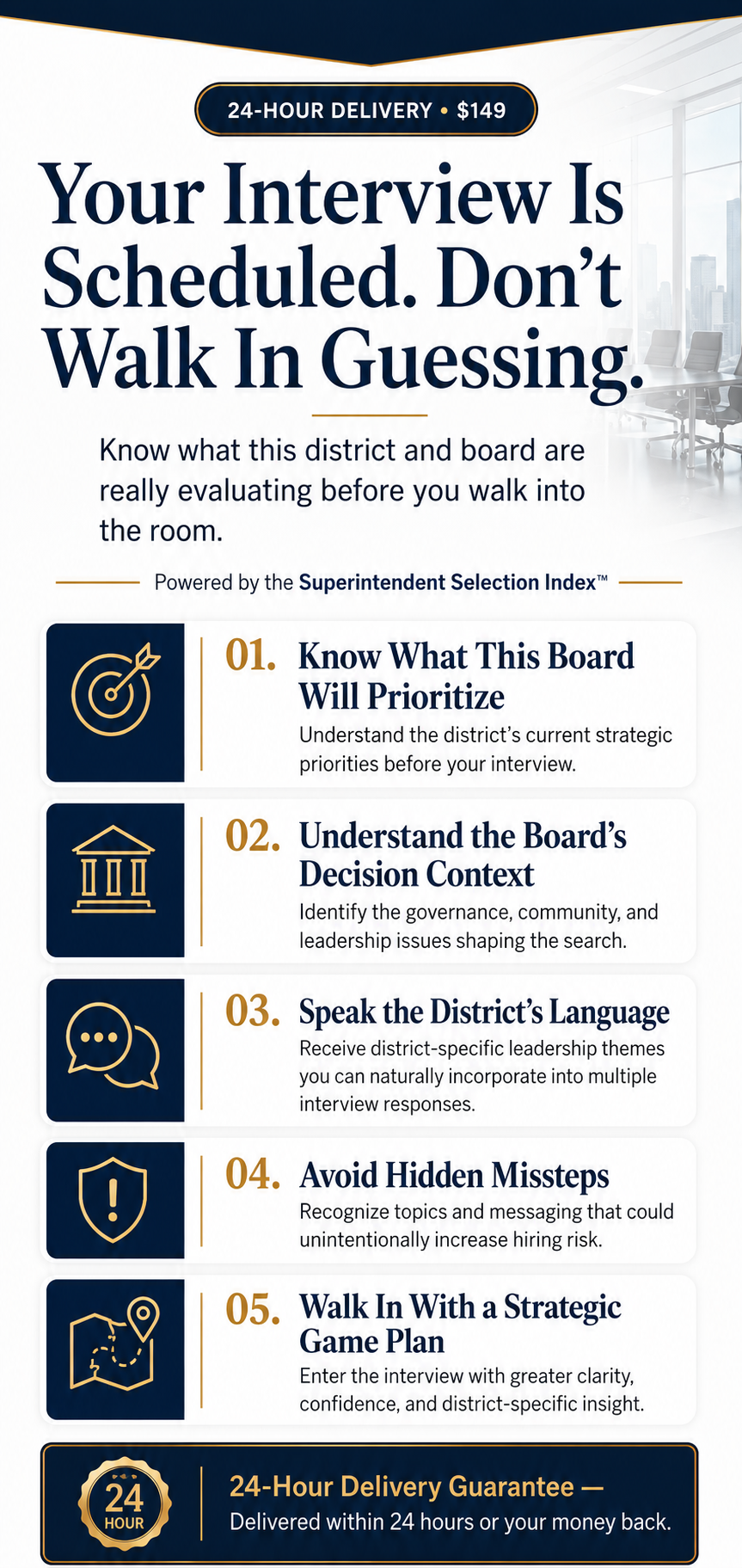 An informational poster about preparing for a school board interview, emphasizing scheduled appointments and tips such as understanding the board's priorities, decision context, district language, avoiding missteps, and having a strategic game plan, with 24-hour delivery guarantee.