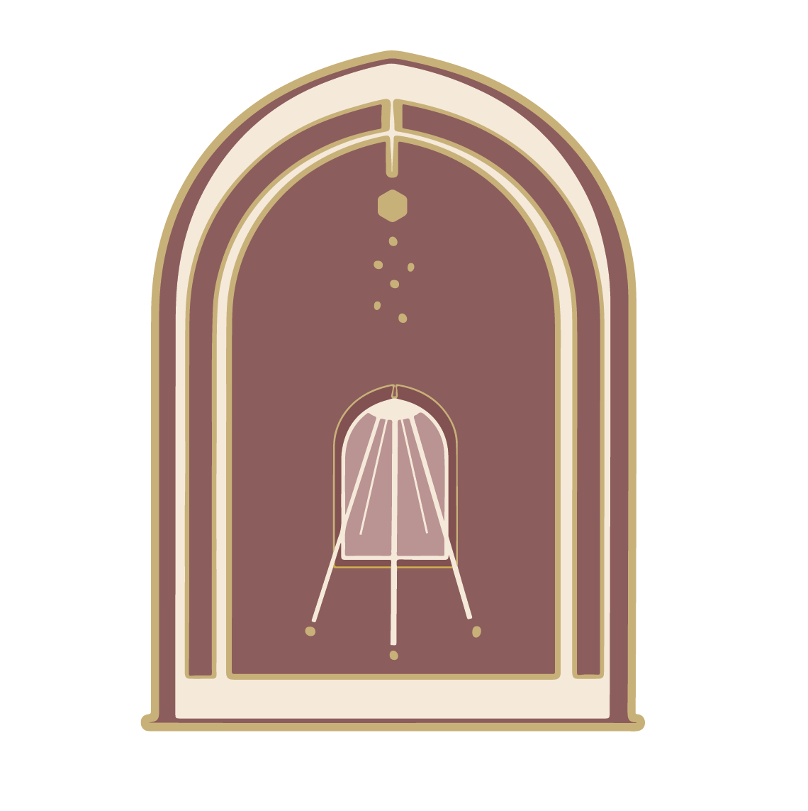 A stylized digital illustration of a window with a curtain and bead chain, featuring a decorative arch frame in beige and brown tones.