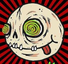 Cartoon skull with spiral eyes and a protruding tongue, against a red and black radial background.