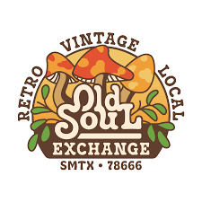 Logo for Old Soul Vintage Exchange, featuring a mushroom with autumn leaves, and text stating Retro, Vintage, Local, SMTX, 78666.