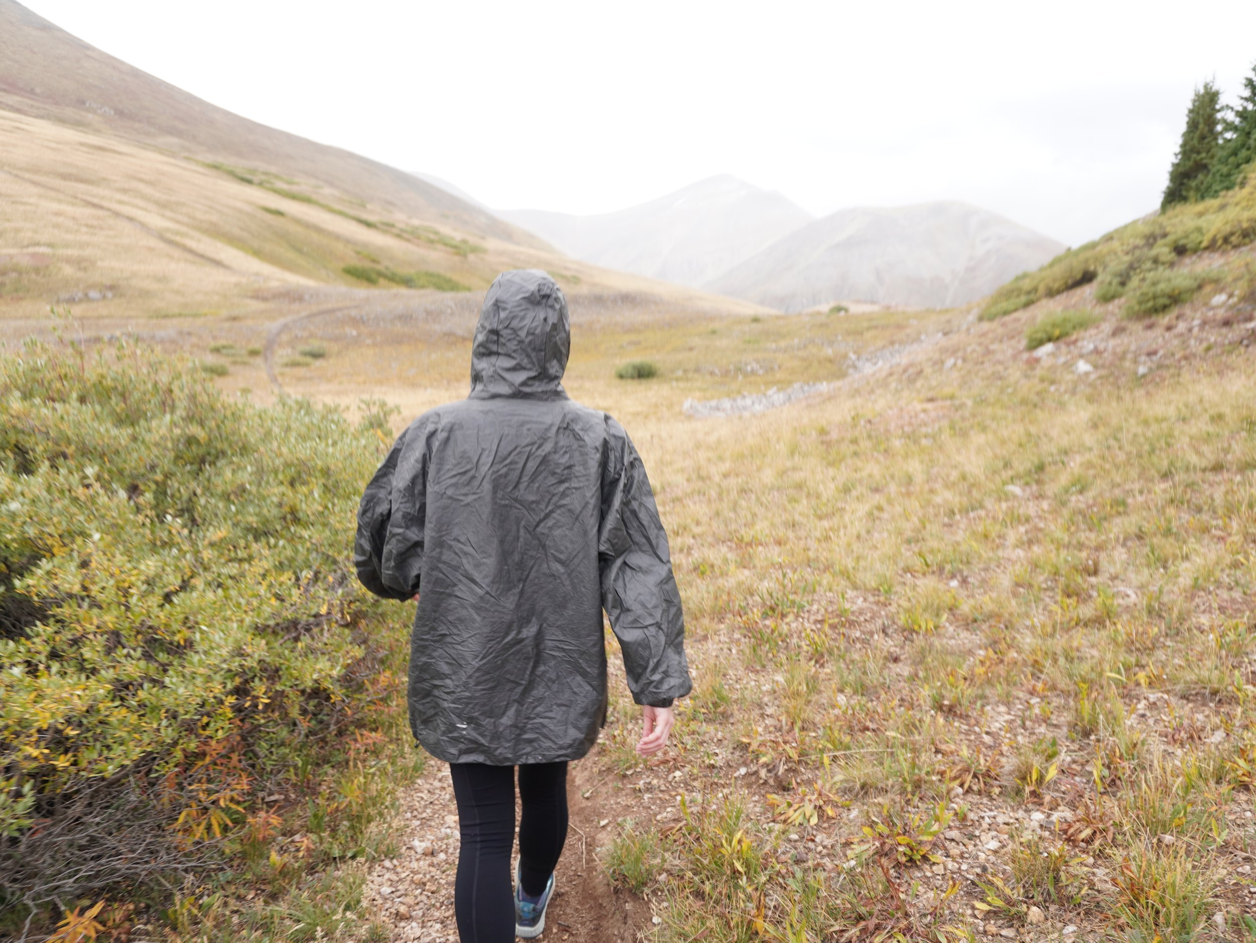 Person in a gray rain jacket walking on a mountain trail through a grassy and shrub-covered landscape with mountain peaks in the background.