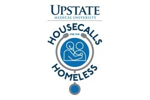 Upstate Medical University House Calls for the Homeless logo featuring a circular blue emblem with a person providing care to another person.