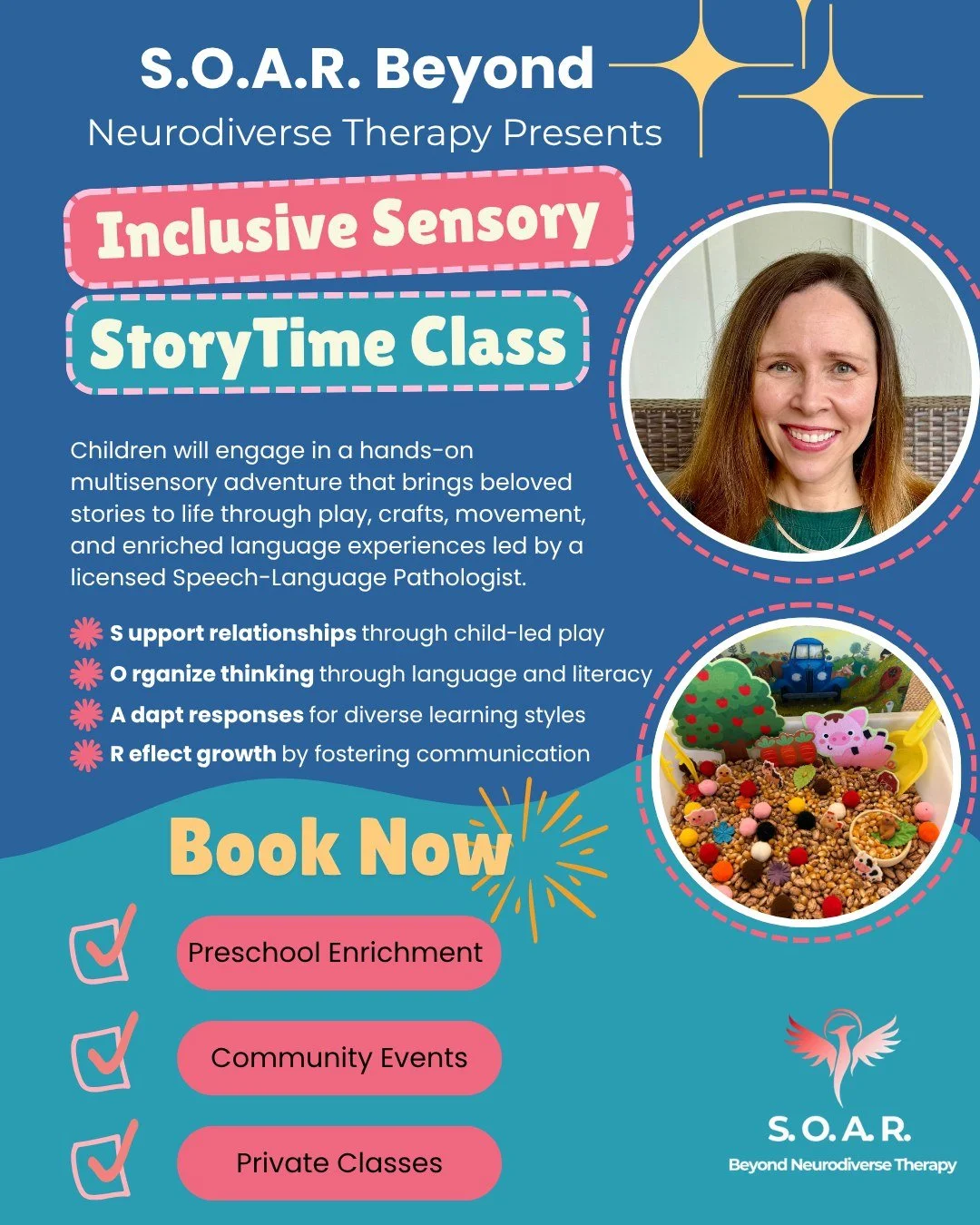 StoryTime can be challenging for our neurodivergent populations. Look no further and join us for an Inclusive Sensory StoryTime Class where stories come alive through play, crafts, and movement! 🌟 Led by a licensed Speech-Language Pathologist, our s