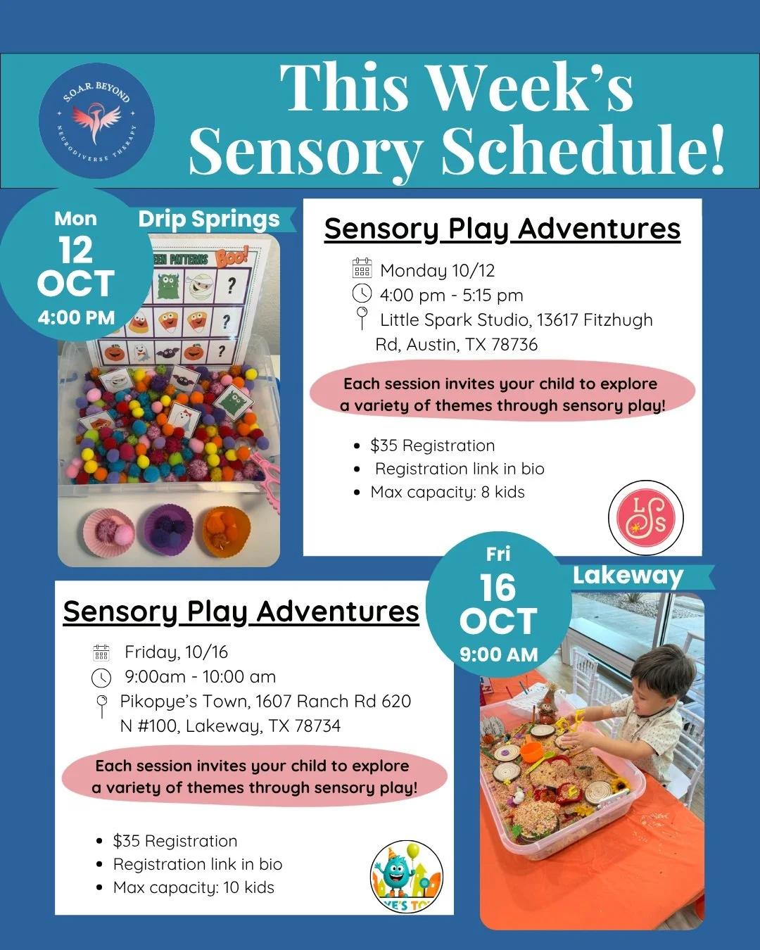 🎃Excited to embark on some Fall and Halloween themed sensory adventures this week! Come join me Monday @littlesparkstudio.atx and Friday @pikopyestown 

👋Hi! I&rsquo;m Nora. Your West Austin Speech Therapist and Sensory Play Vendor! 

I provide in-