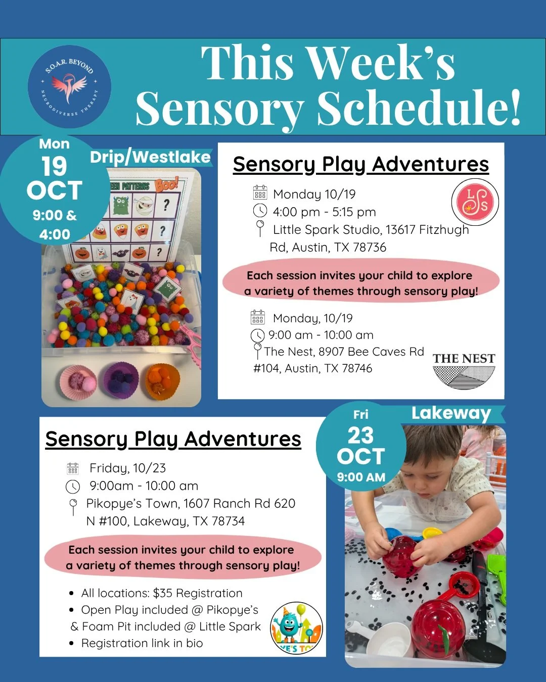 Come play this week! New 🎃Halloween themed bins, stories, and crafts! 

👋Hi! I&rsquo;m Nora. Your West Austin Speech Therapist and Sensory Play Vendor! 

I provide in-home 🏠 and community based speech therapy sessions for the pediatric population 