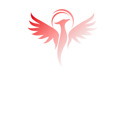 A logo featuring a stylized pink phoenix with wings spread