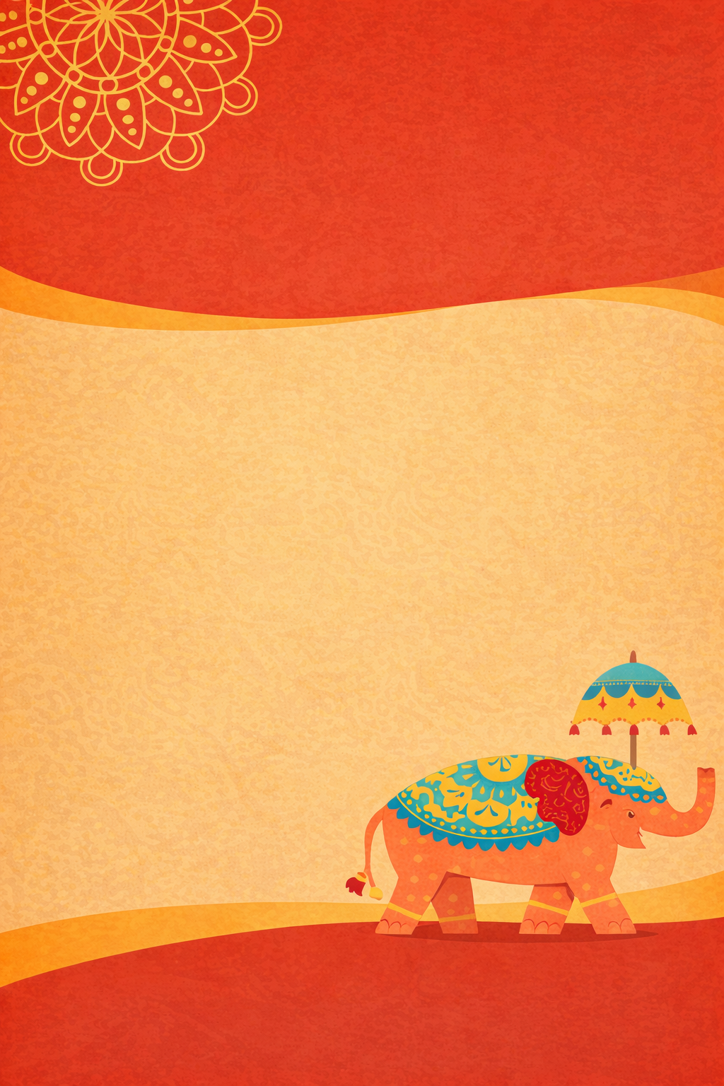 Colorful background featuring a decorated elephant holding a parasol, with intricate patterns and warm tones of red, orange, and yellow.