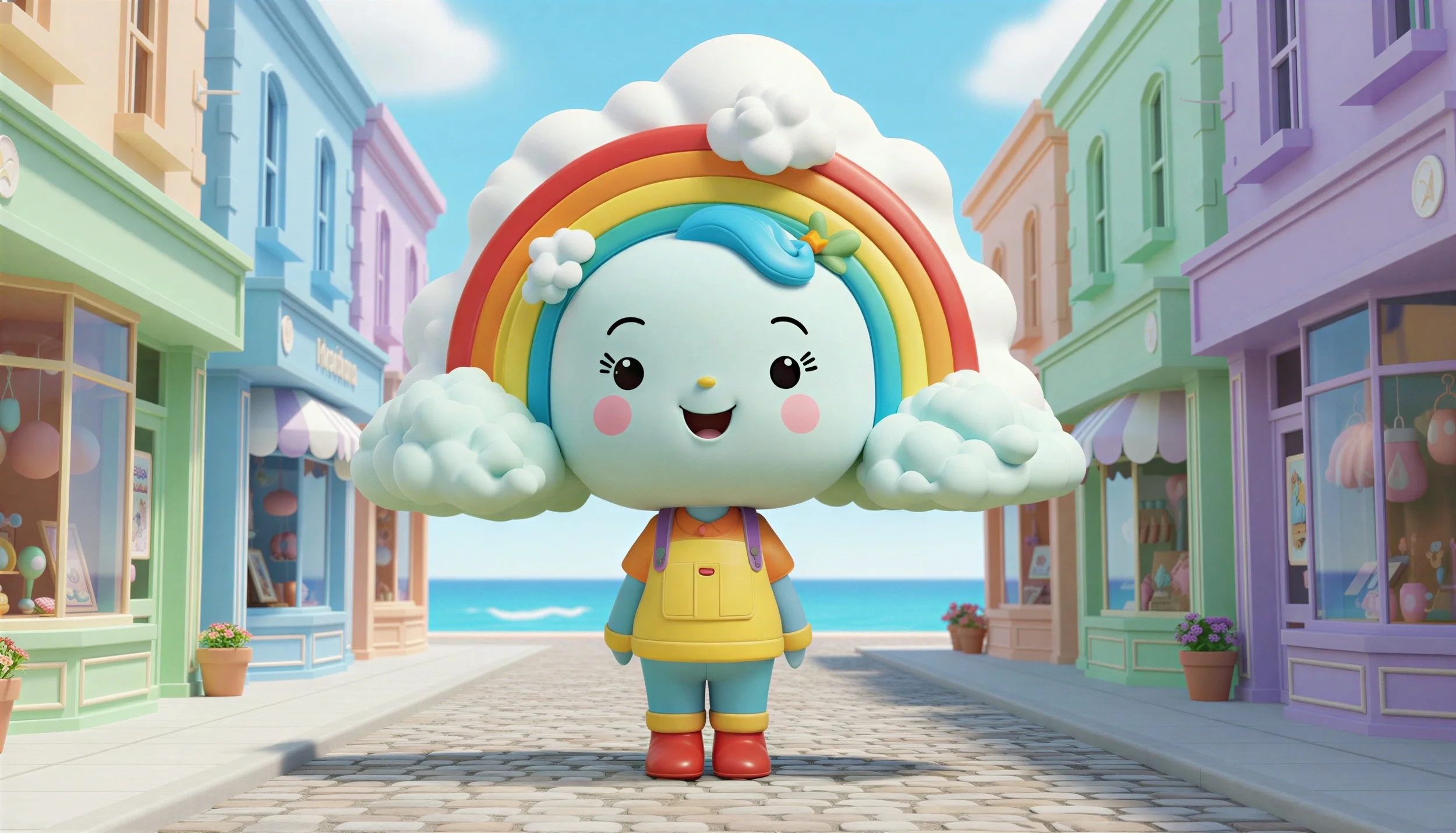 Animated character with a cloud head, rainbow hair, and a cheerful face standing on a cobblestone street with pastel-colored buildings and the ocean in the background.