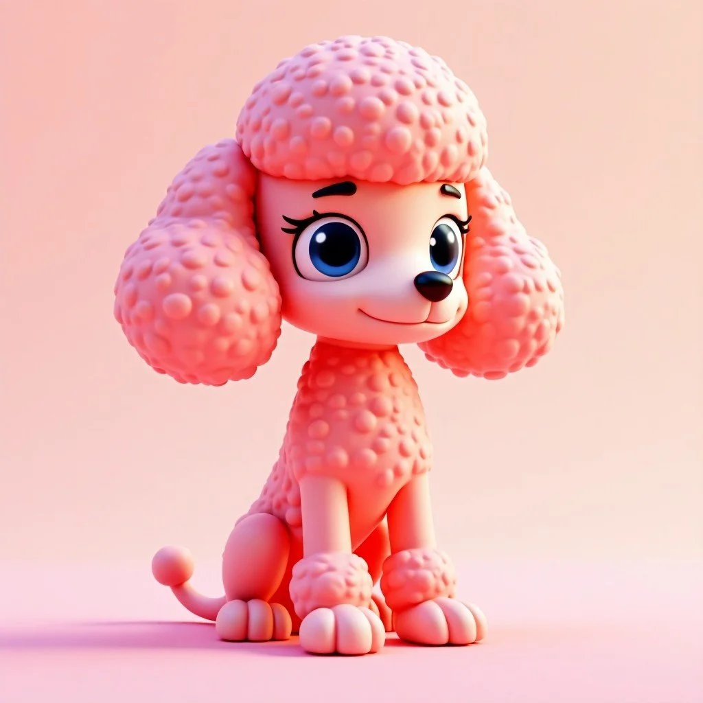Animated pink poodle puppy with curly fur, large blue eyes, and a small black nose sitting on a light pink background.