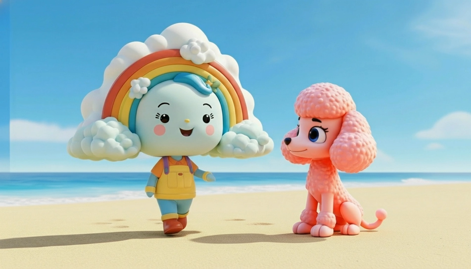 Animated characters, a cute girl with cloud and rainbow hair, and a pink poodle puppy, standing on a sandy beach with a blue sky and ocean in the background.