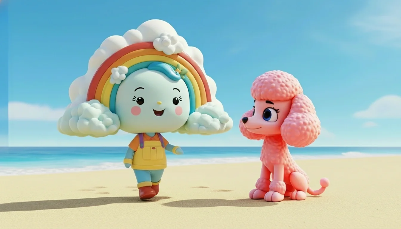 Animated characters of a happy cloud with a rainbow and a girl walking on the beach, and a pink poodle sitting nearby.