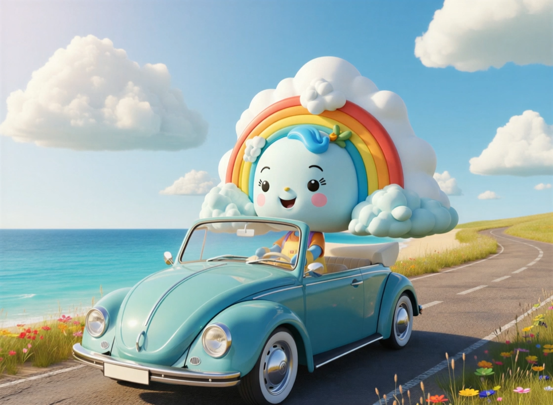 Animated character with a rainbow on its head driving a vintage blue car on a scenic road.