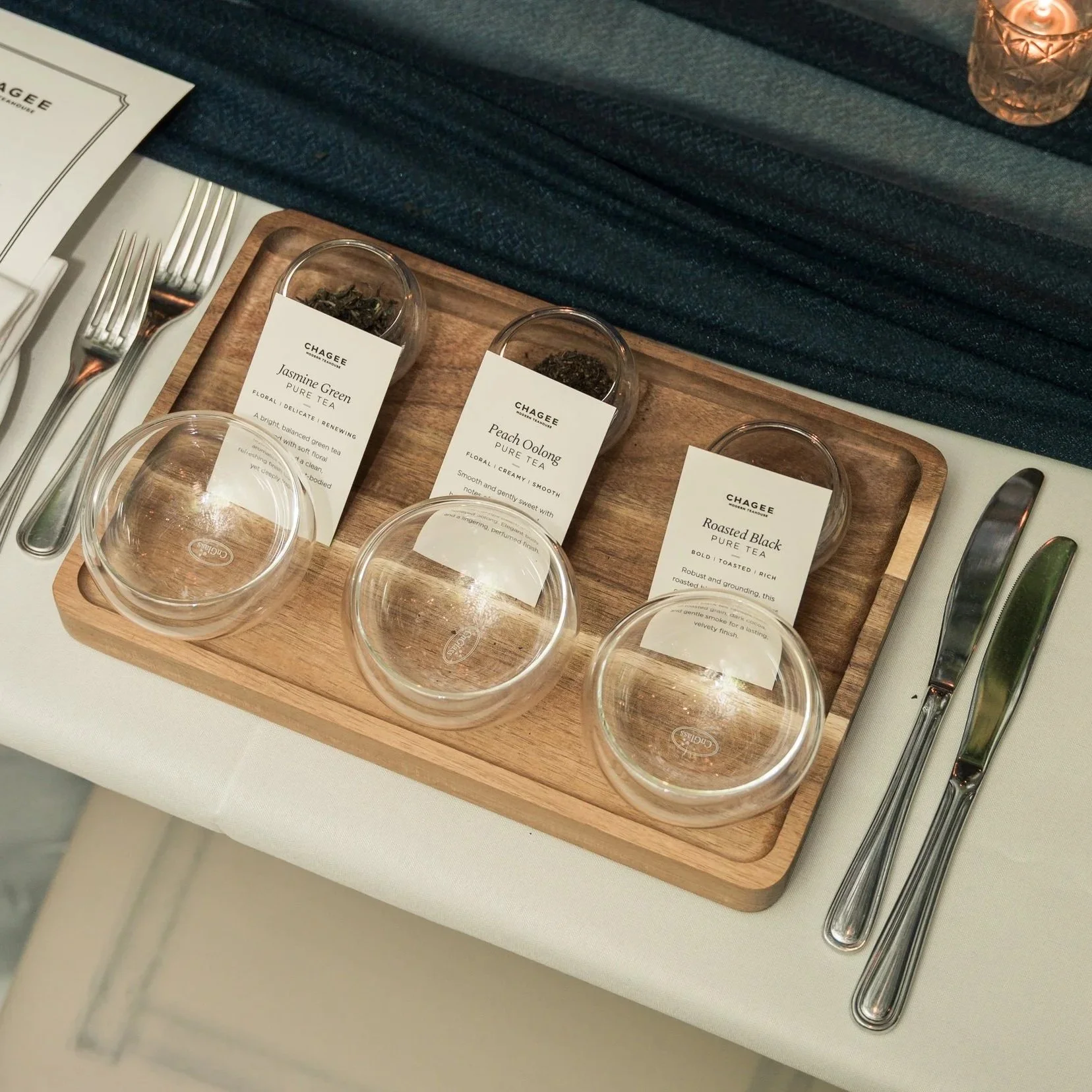 Jasmine Green Tea, Peach Oolong Tea, and Roasted Black Tea. Tea Flight.