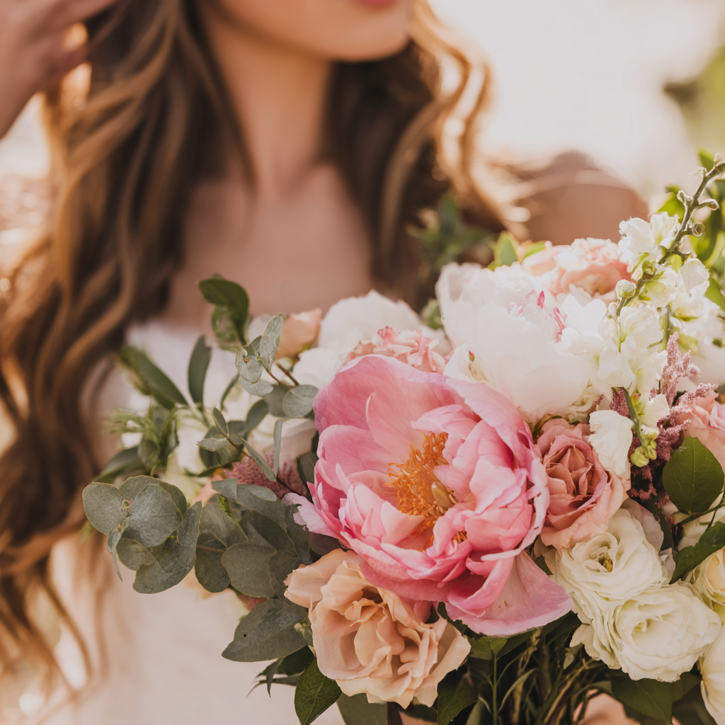 Close-up of a woman holding a large bouquet of pink, white, and cream flowers with green leaves.