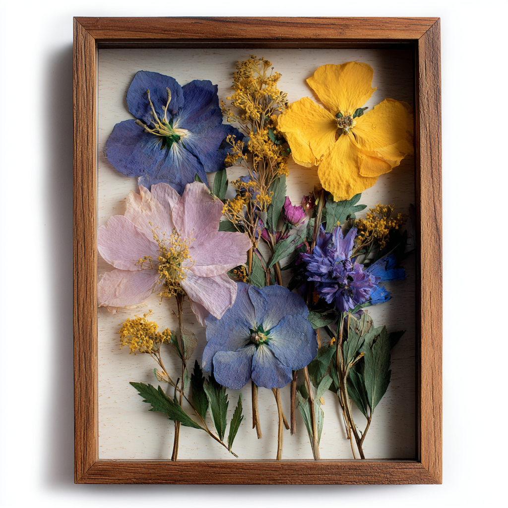 Pressed colorful wildflowers arranged in a wooden frame