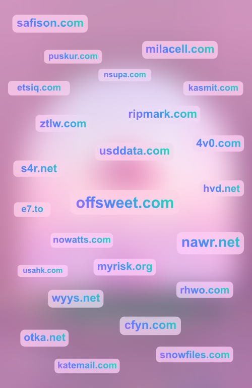 Collection of various website domain names floating on a purple background.