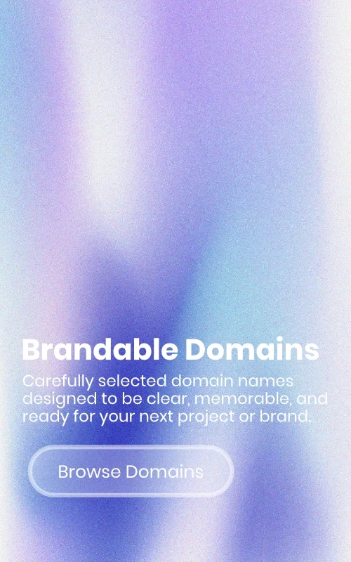 A promotional screen for Brandable Domains with a blurred purple and blue background, white text, and a white-bordered 'Browse Domains' button.