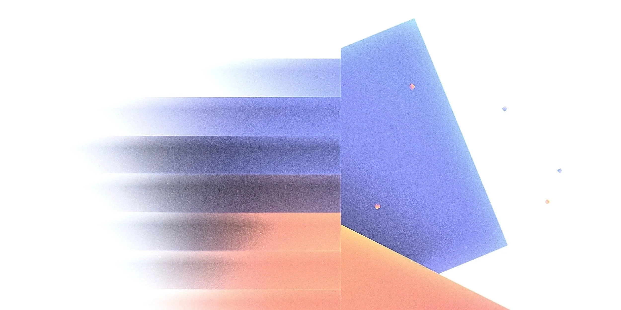 Abstract digital art with horizontal gradient streaks from cool purple and blue to warm orange and pink, and a large blue geometric shape on the right side with small square dots.
