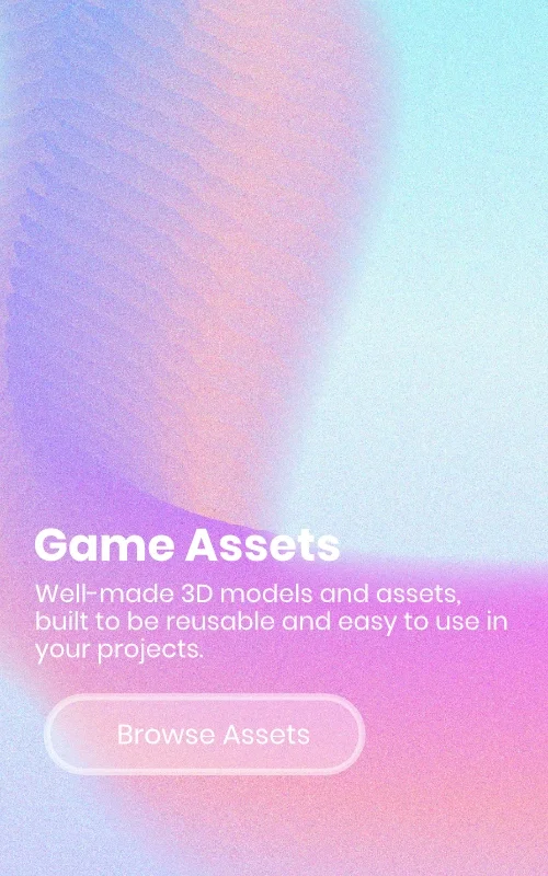A colorful gradient background with the text "Game Assets" and a button labeled "Browse Assets" for a website offering 3D game models and assets.