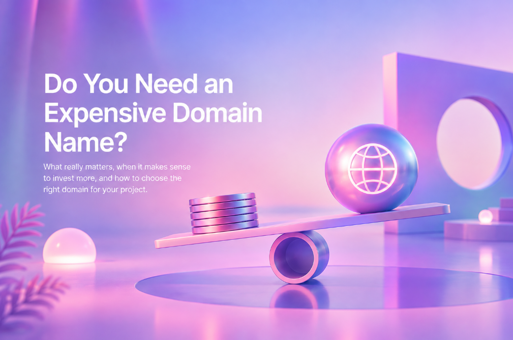 pastel 3D balance scale comparing stacked coins with a globe, representing domain name cost and value.