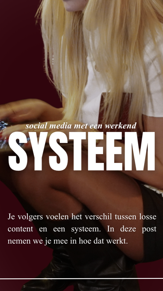 A woman with long blonde hair sits, using a phone or device, with text overlaid about social media and systems.