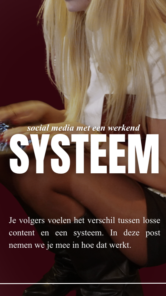 A woman with long blonde hair sitting with her legs crossed, wearing a white top and black footwear, using a mobile device. Overlaid text discusses social media and content systems.