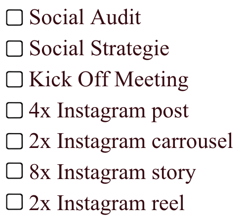 Checklist with items labeled 'Social Audit,' 'Social Strategie,' 'Kick Off Meeting,' '4x Instagram post,' '2x Instagram carousel,' '8x Instagram story,' and '2x Instagram reel.'