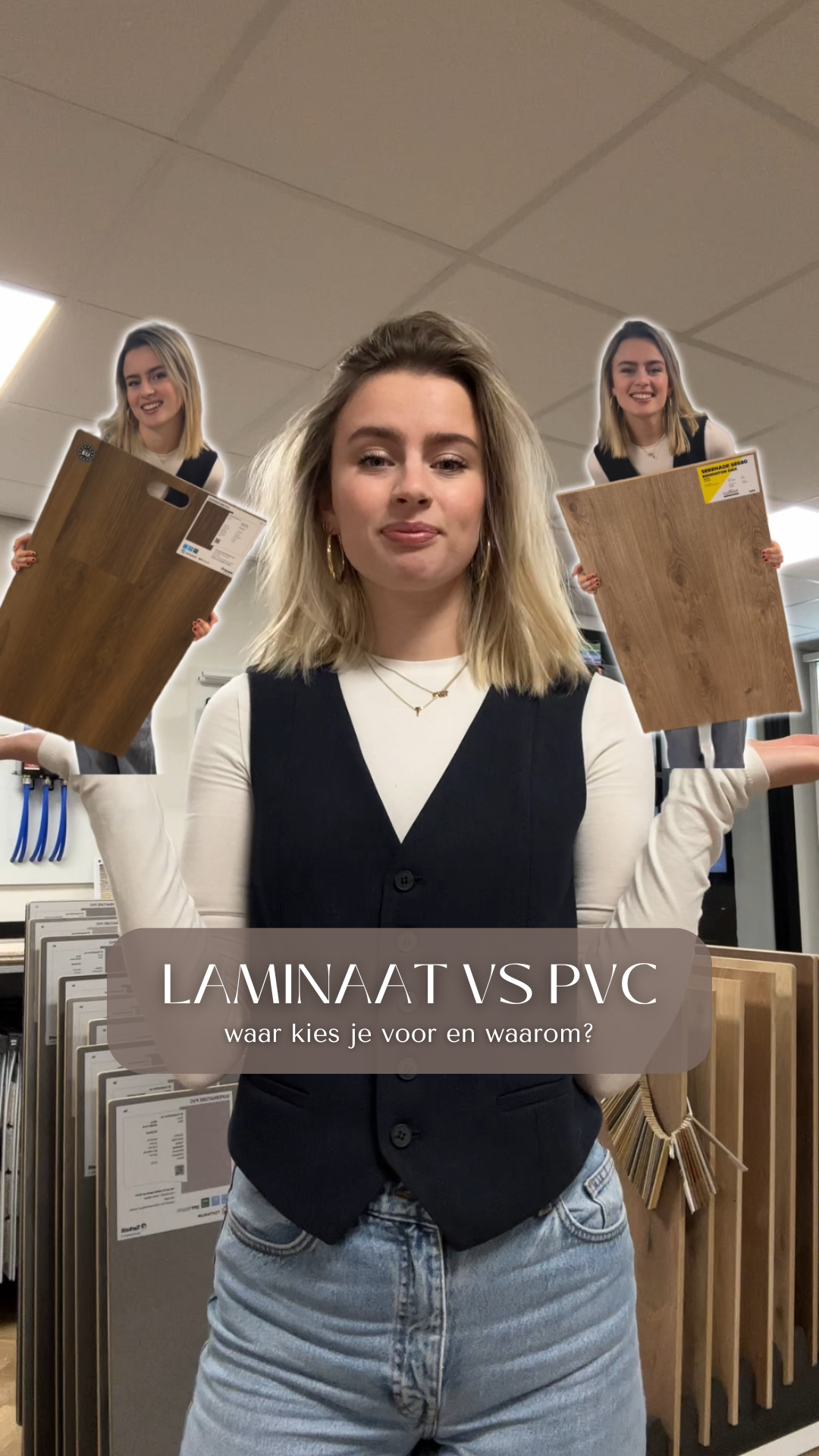 A woman with blonde hair and hoop earrings, standing in a store displaying laminate flooring options. Two smaller copies of the woman, holding sample boards, are edited into the image above her head. Text overlay reads, 'Laminaat vs PVC: waar kies je voor en waarom?'