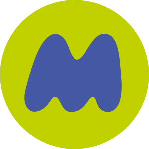 A circular logo with a lime green background and a stylized blue letter 'M' in the center.
