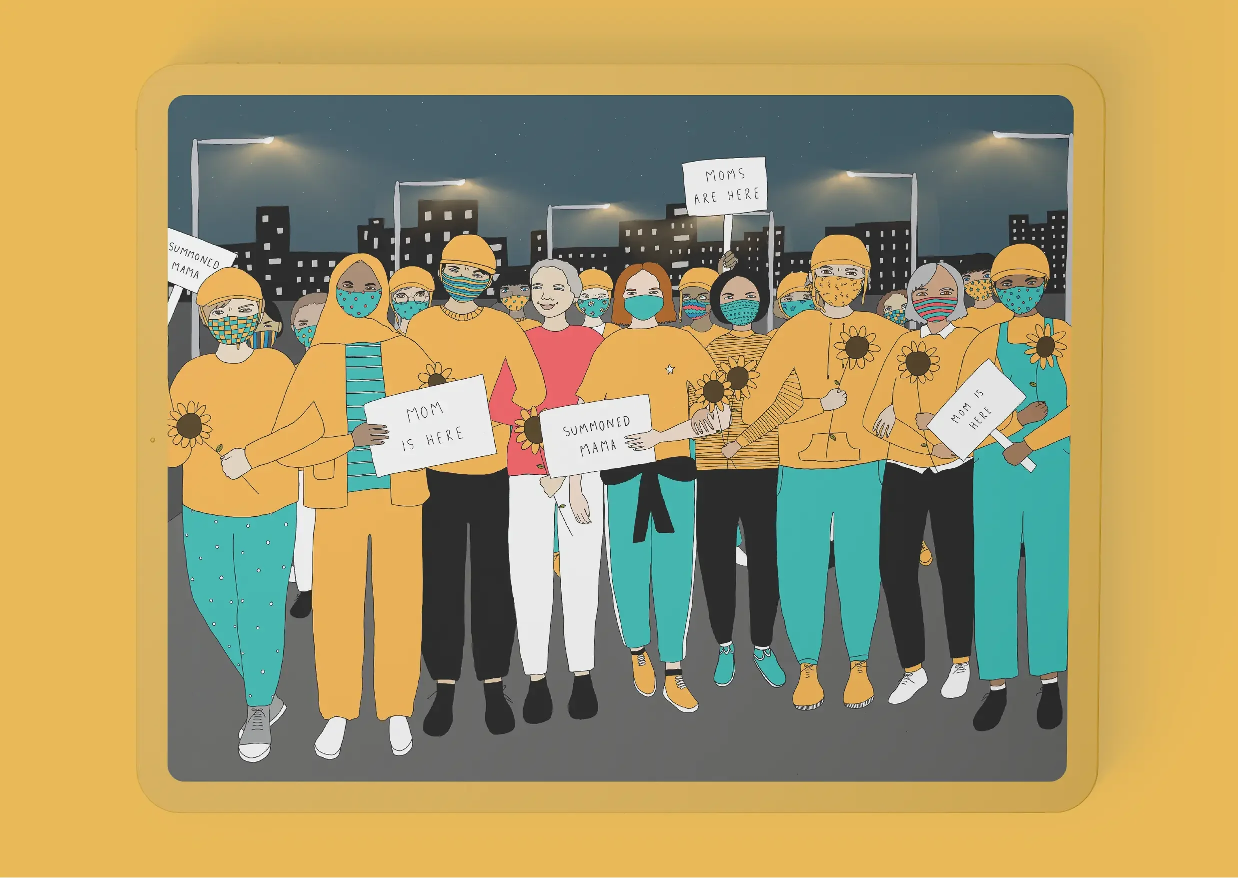 Illustrated scene referencing a public mothers protest, created for the Bliss Probiotics campaign to reflect community and collective voice