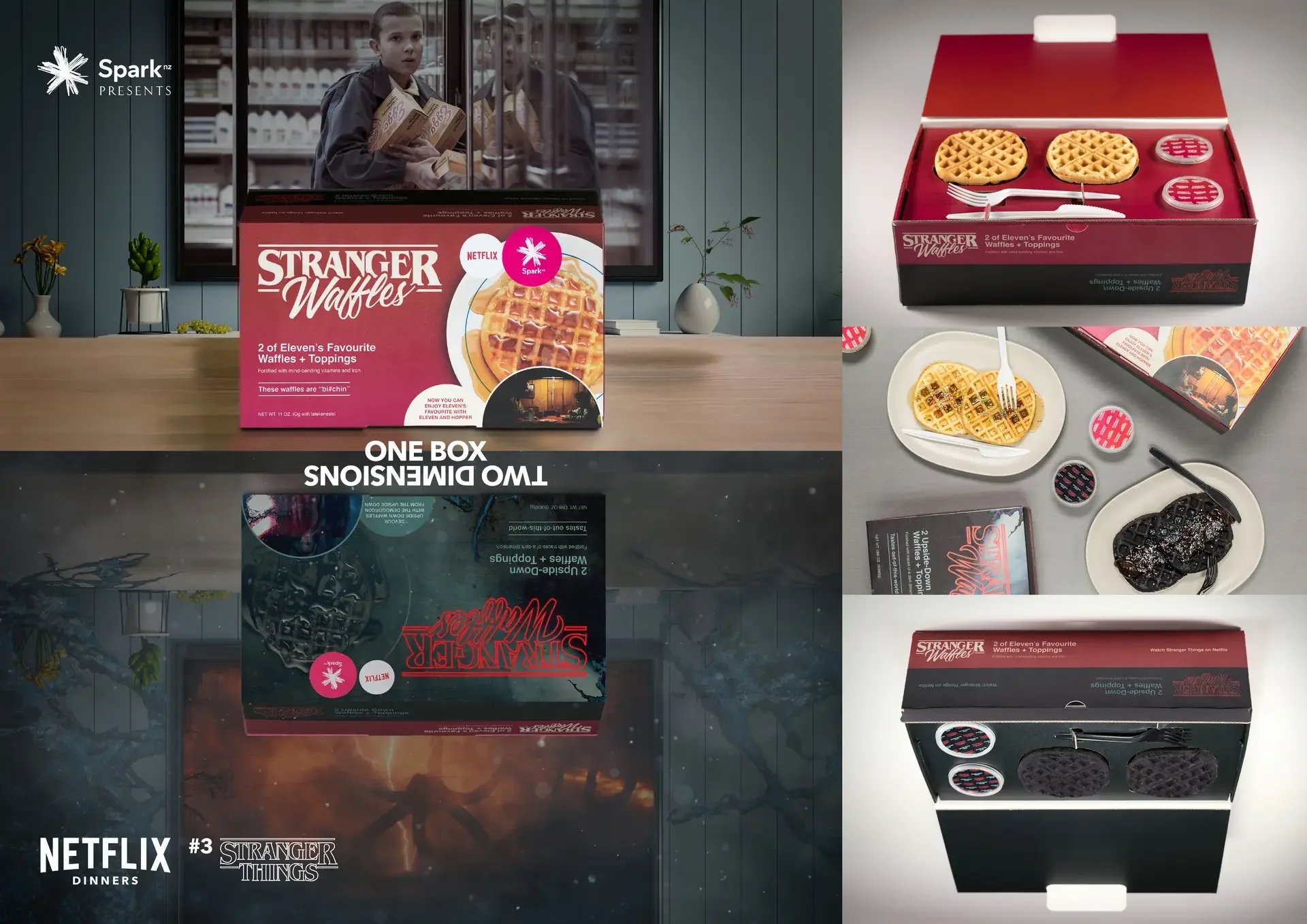 Spark x Netflix Stranger Things waffles campaign featuring themed dinner packaging