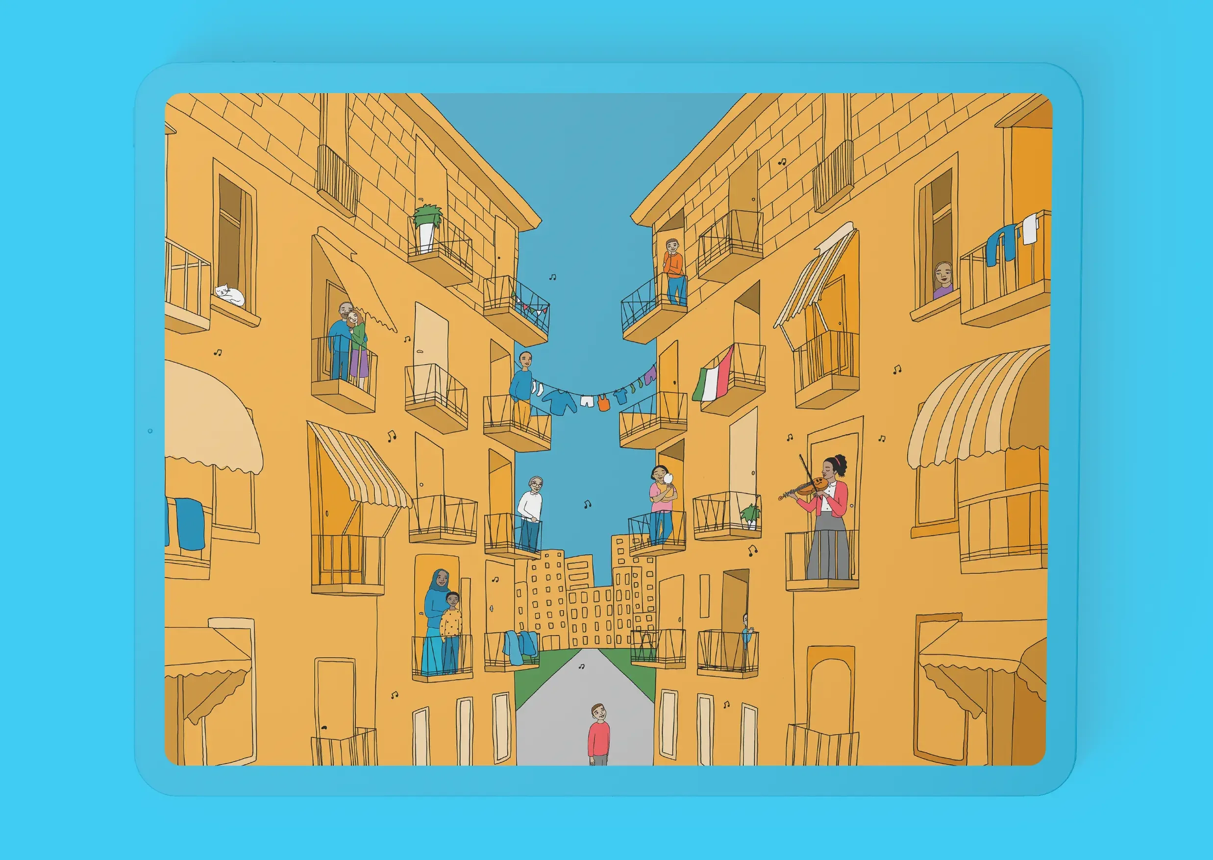 Illustrated apartment scene from the Blis Probiotics campaign depicting neighbours connected across balconies