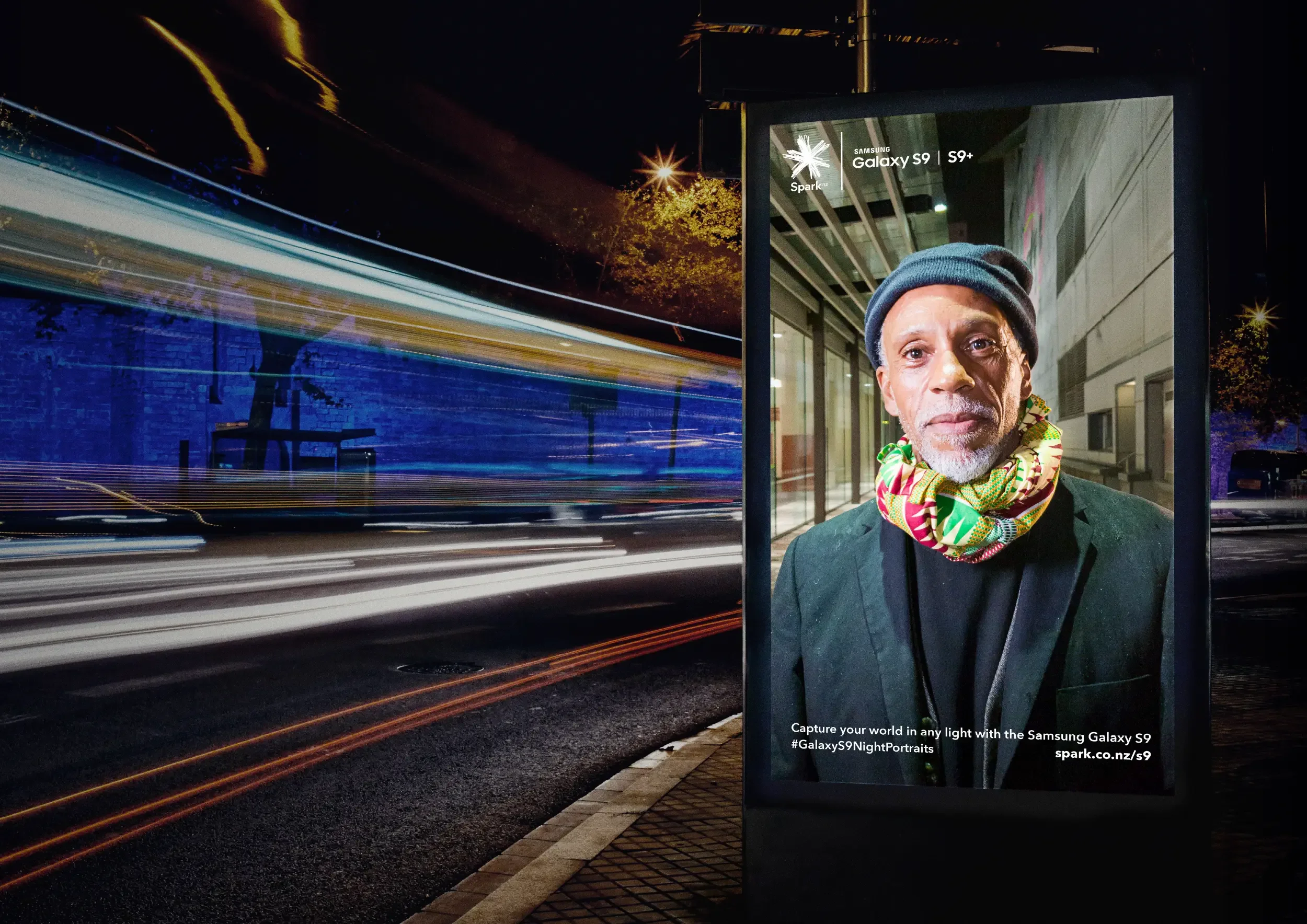 Low-light portrait of man captured at night for Samsung Night Portraits outdoor campaign