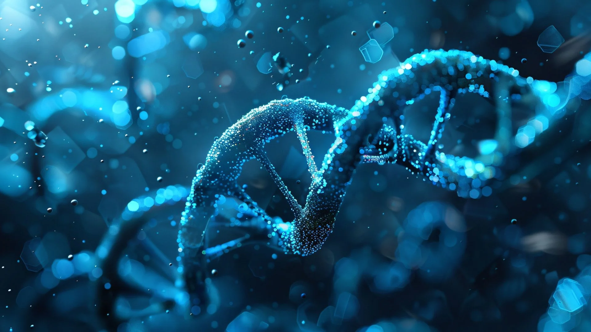 A digital illustration of a DNA double helix made up of glowing blue particles, with a blurred background of blue lights and geometric shapes.