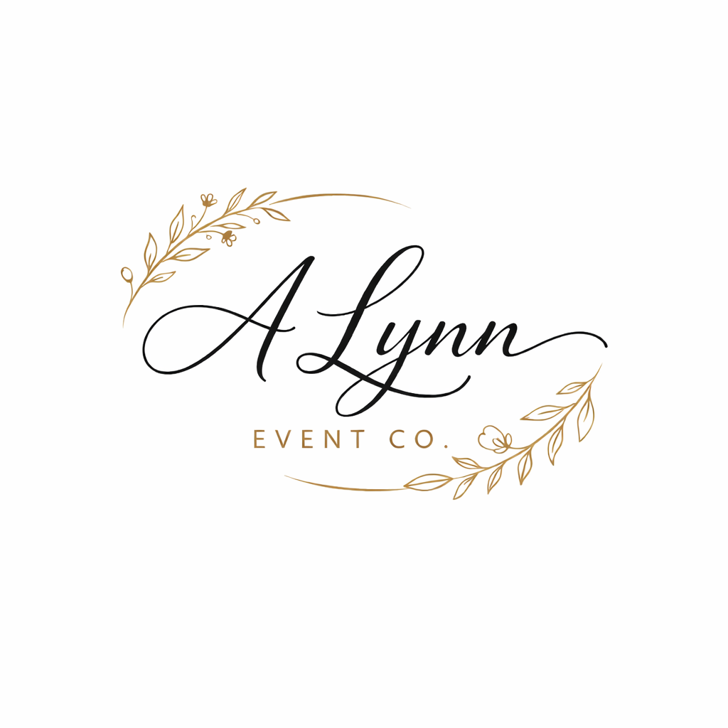 Elegant logo for 'A Lynn Event Co.' with black script text and golden floral accents on a white background.